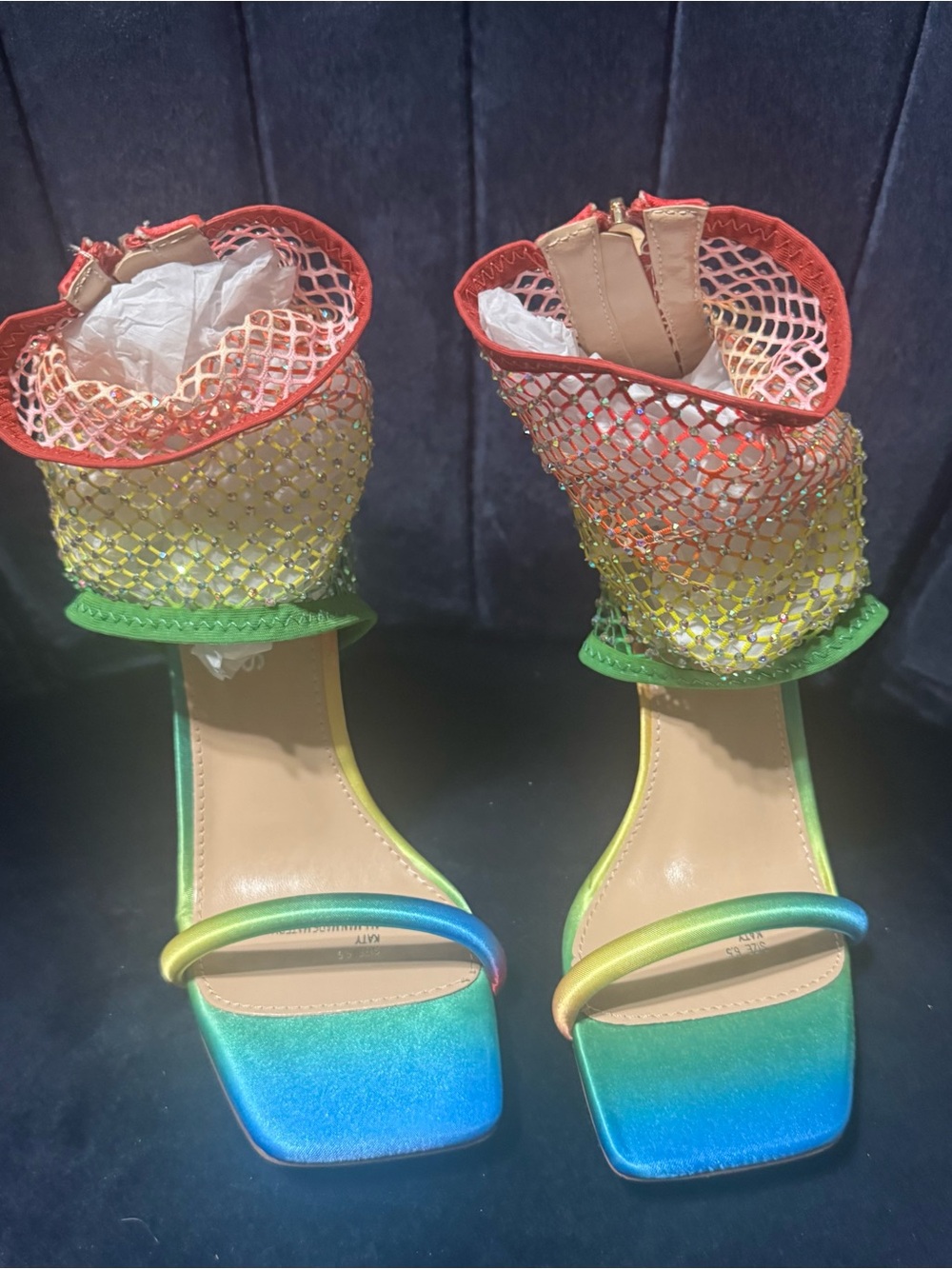 Rainbow Mesh Ankle-Strap Heeled Sandals - Multicolor
